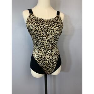 Vintage 1990s Black Cheetah Print One Piece Swimsuit Colorblock Medium